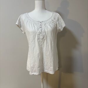 Eddie Bauer White Cotton Peasant Blouse Boho Embroidered Henley Top Women L